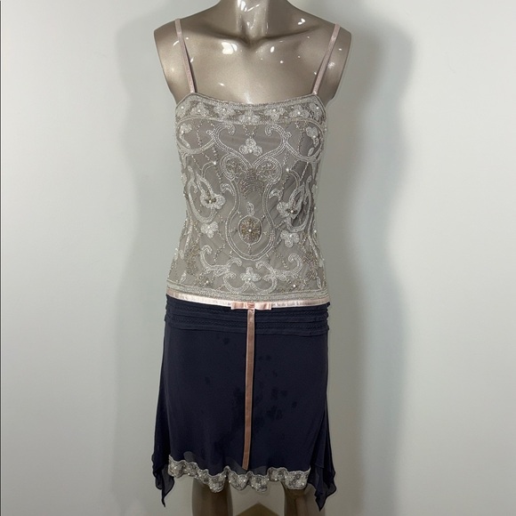 Cache Dresses & Skirts - Vintage Cache Beaded Embellished Spaghetti Strap Tank with Navy Skirt